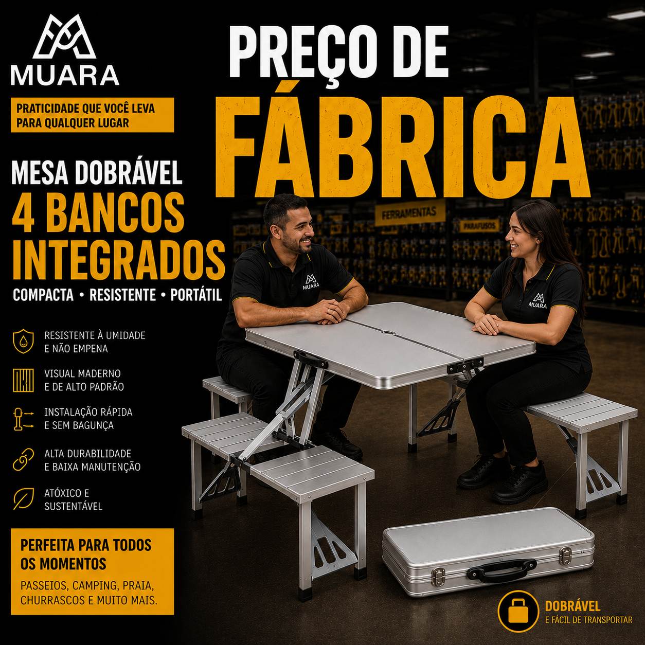 Muara EasyTable 4™ Mesa Dobrável Portátil com 4 Bancos Integrados